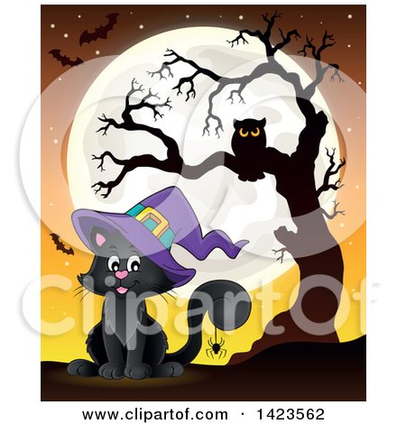 Clipart of a Halloween Witch Cat Against a Full Moon with a Spider, Bats and Owl in a Tree - Royalty Free Vector Illustration by visekart