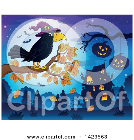 Clipart of a Crow Wearing a Witch Hat, Perched on an Autumn Tree Branch Against a Full Moon with Bats, Halloween Pumpkins and a Haunted House - Royalty Free Vector Illustration by visekart