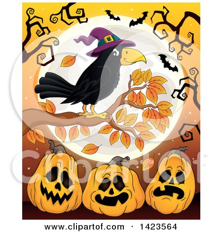 Clipart of a Crow Wearing a Witch Hat, Perched on an Autumn Tree Branch Against a Full Moon with Bats, Halloween Pumpkins and a Haunted House - Royalty Free Vector Illustration by visekart