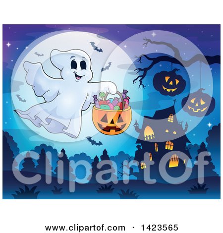 Clipart of a Full Moon with a Trick or Treating Ghost, Haunted House and Bats - Royalty Free Vector Illustration by visekart