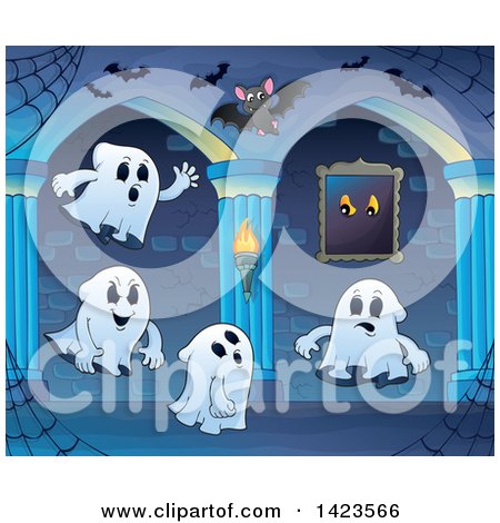 Clipart of a Haunted Hallway with Bats and Ghosts - Royalty Free Vector Illustration by visekart