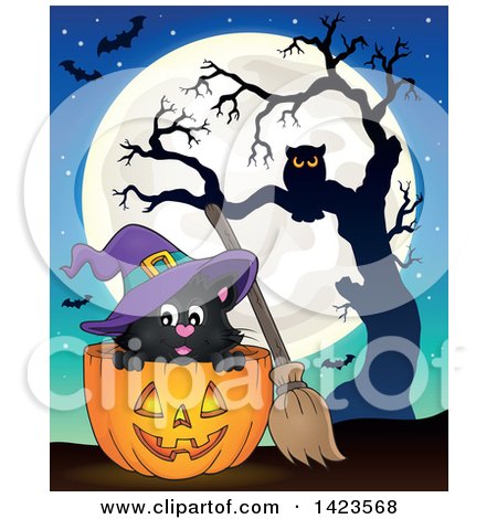 Clipart of a Halloween Witch Cat in a Pumpkin, Against a Full Moon, Bats and Owl in a Tree - Royalty Free Vector Illustration by visekart