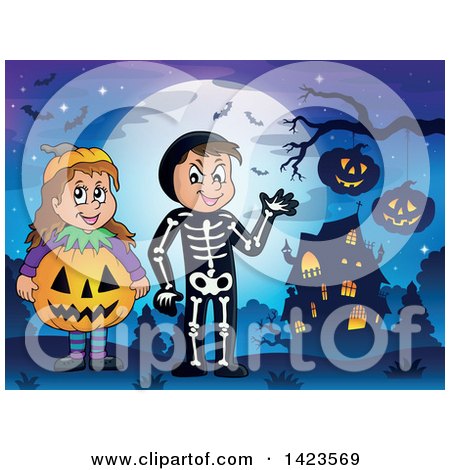 Clipart of a Boy and Girl Trick or Treating in Pumpkin and Skeleton Witch Costumes, Standing Against a Full Moon near a Haunted House - Royalty Free Vector Illustration by visekart