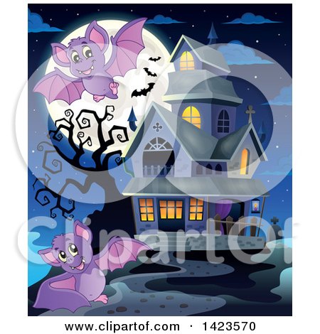 Clipart of a Full Moon with Flying Bats and a Haunted House - Royalty Free Vector Illustration by visekart