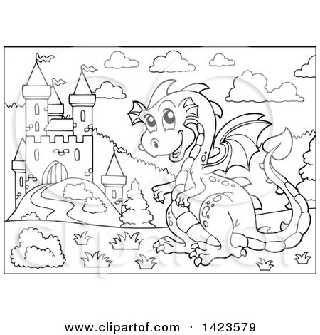 Clipart of a Black and White Lineart Dragon by a Castle - Royalty Free Vector Illustration by visekart