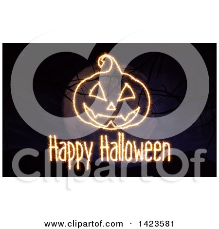 Clipart of a Happy Halloween Sparkly Lights Greeting over a Full Moon and 3d Bare Tree Branches - Royalty Free Illustration by KJ Pargeter