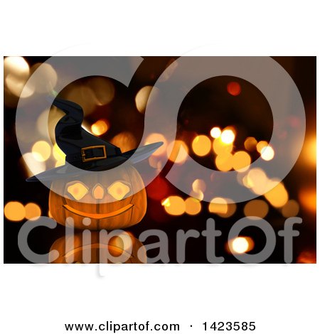 Clipart of a 3d Halloween Jackolantern Pumpkin Wearing a Witch Hat over Blurred Lights - Royalty Free Illustration by KJ Pargeter