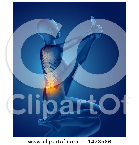 Clipart of a 3d Anatomical Woman Kneeling and Stretching on the Floor, with Visible Glowing Spine, on Blue - Royalty Free Illustration by KJ Pargeter