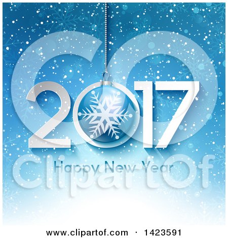 Clipart of a 2017 Happy New Year Greeting with a Hanging Bauble over Blue Snow and Snowflakes - Royalty Free Vector Illustration by KJ Pargeter