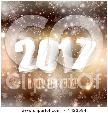Clipart of a 2017 Happy New Year Greeting over Gold Bokeh Flares Stars and Snowflakes - Royalty Free Vector Illustration by KJ Pargeter