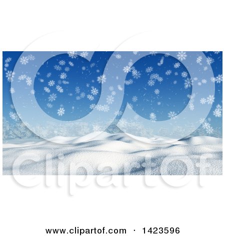 Clipart of a 3d Hilly Winter Landscape Covered in Snow with Falling Snowflakes - Royalty Free Illustration by KJ Pargeter