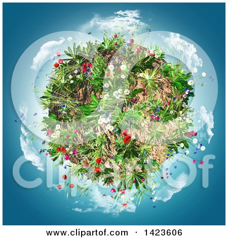 Clipart of a 3d Planet with Flowers and Clouds over Blue - Royalty Free Illustration by KJ Pargeter