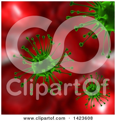 Clipart of a 3d Medical Background with Green Viruses over Red - Royalty Free Illustration by KJ Pargeter