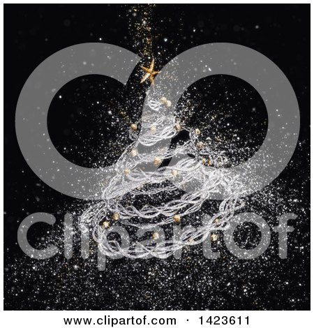 Clipart of a 3d Silver Wire Christmas Tree with a Burst of Glitter on Black - Royalty Free Illustration by KJ Pargeter