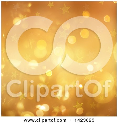 Clipart of a Festive Background of Golden Bokeh Flares and Stars - Royalty Free Illustration by KJ Pargeter