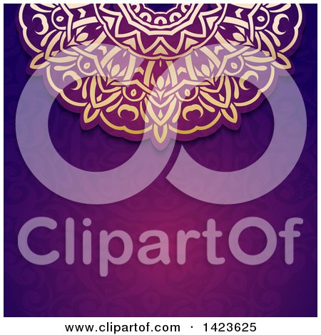 Clipart of a Beautiful Ornate Golden Design over a Purple Pattern - Royalty Free Vector Illustration by KJ Pargeter