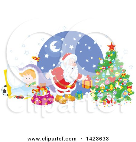 Clipart of a Giggling Caucasian Boy Under a Blanket As Santa Sets Gifts Under a Christmas Tree - Royalty Free Vector Illustration by Alex Bannykh