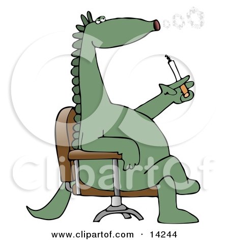 Green Dinosaur Sitting In A Chair And Blowing Out Circular Puffs Of Smoke While Smoking A Cigarette Clipart Illustration by djart