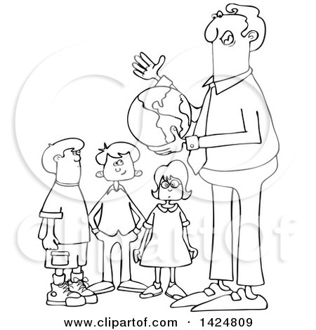 Clipart of a Cartoon Black and White Lineart Male Teacher Discussing Planet Earth and Holding a Globe with Students - Royalty Free Vector Illustration by djart