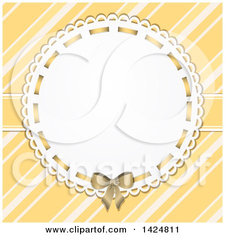 Clipart of a Vintage Circular Frame with a Bow over Yellow and White Diagonal Stripes - Royalty Free Vector Illustration by elaineitalia