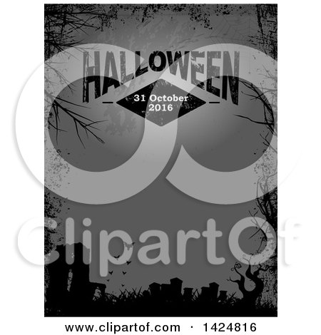 Clipart of a Border of Black Silhouetted Branches, Grunge, a Cemetery and Vampire Bats over Gray Text Space with a Full Moon and Halloween 31 October 2016 Text - Royalty Free Vector Illustration by elaineitalia