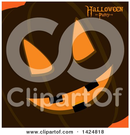 Clipart of Halloween Party Text and a Jackolantern Pumpkin Face with Orange Light Behind It - Royalty Free Vector Illustration by elaineitalia