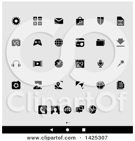 Clipart of a Set of Black and White Android App Icons, over Gray - Royalty Free Vector Illustration by cidepix