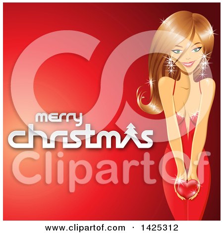 Clipart of a Gorgeous Woman in a Red Dress, Holding a Heart over Red, with Merry Christmas Text - Royalty Free Vector Illustration by cidepix