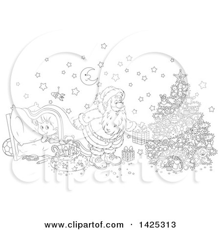 Clipart of a Cartoon Black and White Lineart Giggling Boy Under a Blanket As Santa Sets Gifts Under a Christmas Tree - Royalty Free Vector Illustration by Alex Bannykh