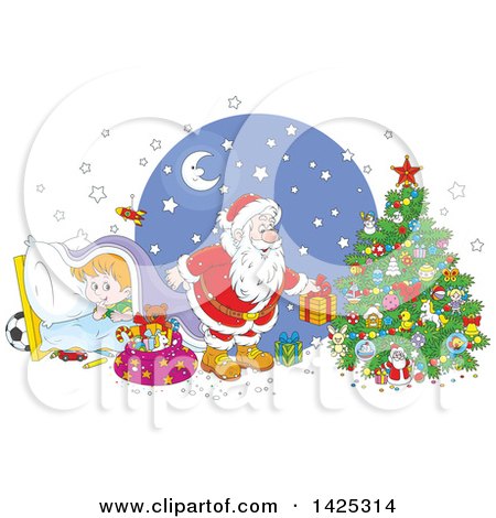 Clipart of a Cartoon Giggling Caucasian Boy Under a Blanket As Santa Sets Gifts Under a Christmas Tree - Royalty Free Vector Illustration by Alex Bannykh
