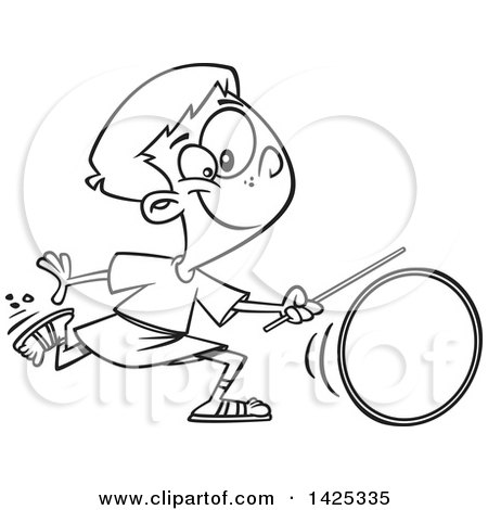Clipart of a Cartoon Black and White Lineart Roman Boy Wheeling a Ring - Royalty Free Vector Illustration by toonaday
