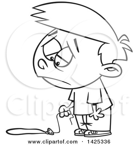 Clipart of a Cartoon Black and White Lineart Boy Pouting over a Flat Balloon - Royalty Free Vector Illustration by toonaday
