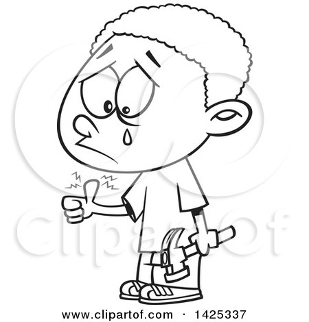 Clipart of a Cartoon Black and White Lineart African American Boy Crying After Banging His Thumb with a Hammer - Royalty Free Vector Illustration by toonaday