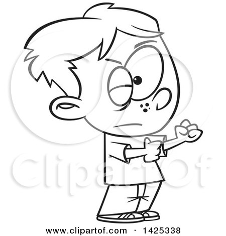 Clipart of a Cartoon Black and White Lineart Black Eyed Boy Ready to Fight - Royalty Free Vector Illustration by toonaday