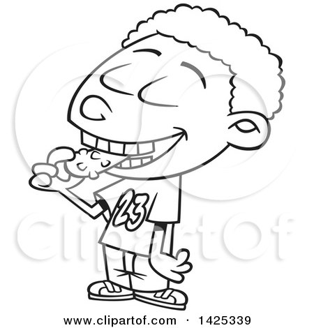 Clipart of a Cartoon Black and White Lineart African American Boy Eating a Pickle - Royalty Free Vector Illustration by toonaday