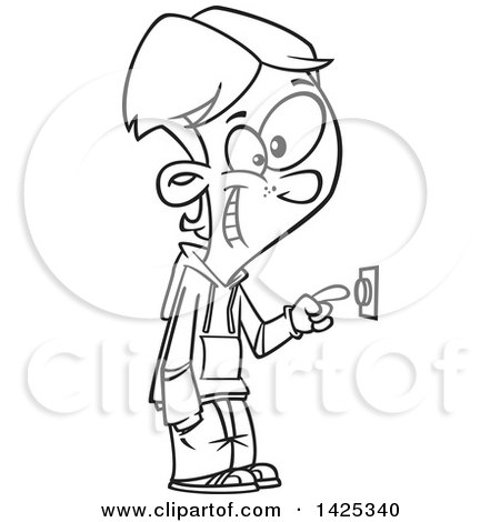 Clipart of a Cartoon Black and White Lineart Boy Ringing a Door Bell - Royalty Free Vector Illustration by toonaday