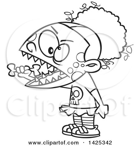 Clipart of a Cartoon Black and White Lineart Zombie Girl Eating a Bone - Royalty Free Vector Illustration by toonaday