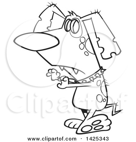 Clipart of a Cartoon Black and White Lineart Zombie Dog Walking Upright - Royalty Free Vector Illustration by toonaday