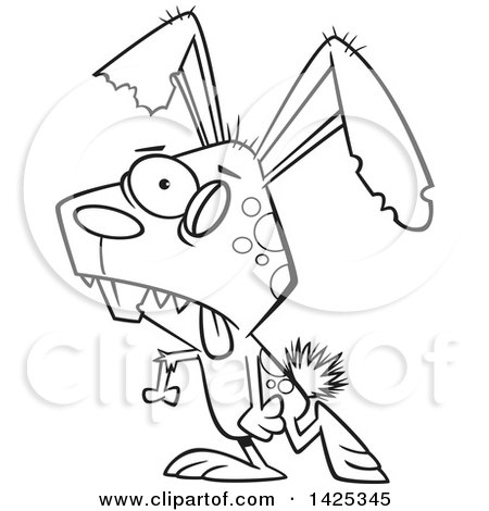 Clipart of a Cartoon Black and White Lineart Zombie Bunny Rabbit Walking - Royalty Free Vector Illustration by toonaday
