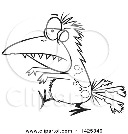 Clipart of a Cartoon Black and White Lineart Zombie Bird Walking - Royalty Free Vector Illustration by toonaday