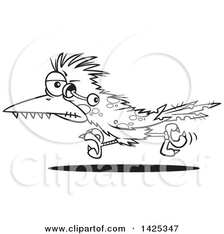 Clipart of a Cartoon Black and White Lineart Zombie Roadrunner Bird with an Eyeball Hanging out - Royalty Free Vector Illustration by toonaday