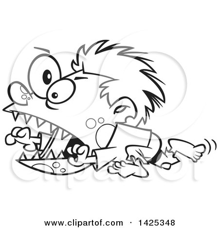 Clipart of a Cartoon Black and White Lineart Zombie Hyper Boy Running - Royalty Free Vector Illustration by toonaday