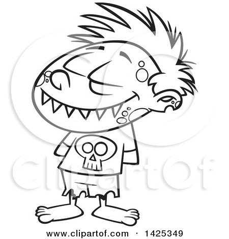 Clipart of a Cartoon Black and White Lineart Zombie Boy Grinning with His Hands Behind His Back - Royalty Free Vector Illustration by toonaday