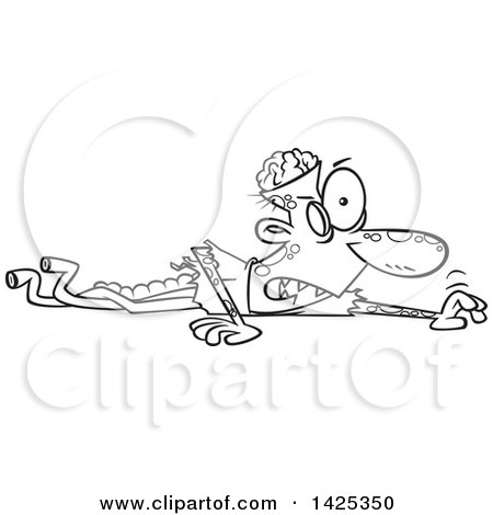 Clipart of a Cartoon Black and White Lineart Zombie with His Lower Body Missing and Guts Hanging Out, Crawling in the Ground - Royalty Free Vector Illustration by toonaday