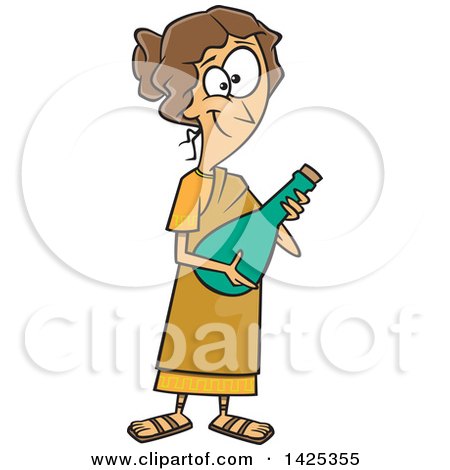 Clipart of a Cartoon Happy Roman Lady Holding a Jar - Royalty Free Vector Illustration by toonaday