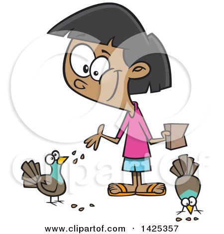Clipart of a Cartoon Girl Feeding Pigeon Birds - Royalty Free Vector Illustration by toonaday