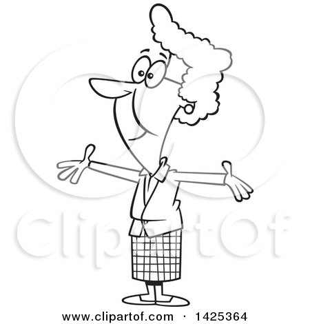 Clipart of a Cartoon Black and White Lineart Happy Granny Wanting a Hug - Royalty Free Vector Illustration by toonaday