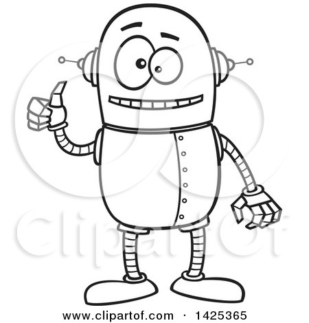 Clipart of a Cartoon Black and White Lineart Happy Robot Giving a Thumb up - Royalty Free Vector Illustration by toonaday