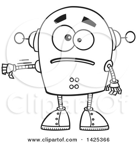 Clipart of a Cartoon Black and White Lineart Sad Robot Giving a Thumb down - Royalty Free Vector Illustration by toonaday