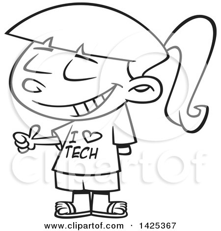 Clipart of a Cartoon Black and White Lineart Girl Wearing an I Love Tech Shirt and Giving a Thumb up - Royalty Free Vector Illustration by toonaday